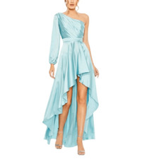 Mac Duggal Blue Long Sleeve Satin One Shoulder High Low Gown| Size 6