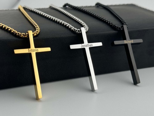 Collar Cruzado Grabado Personalizado Bautizo Regalo Colgante de Acero Inoxidable - Imagen 3 de 16