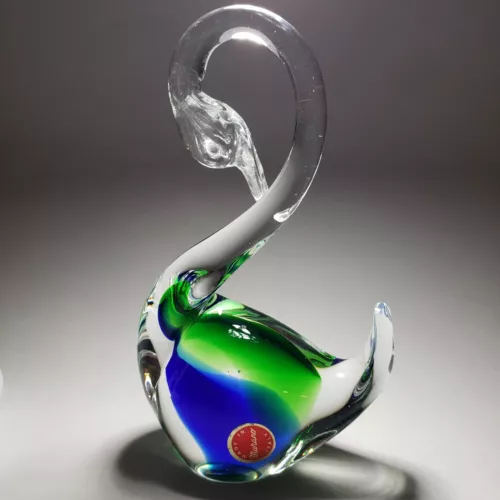 Vintage Murano Art Glass Swan Bird Sommerso Blue and Green Italy with Label