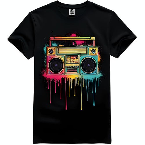 Colorful Splattered Boombox Graphic Black T-Shirt for Retro Music Lovers
