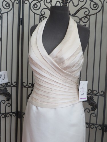 P151 CASABLANCA 1807 BEADED SZ 14 V NECK SATIN CHAMPAGNE WEDDING DRESS - Picture 13 of 15