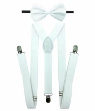 White Bow Tie & Suspender Set Tuxedo Wedding Suit Formal Men's Accessories 