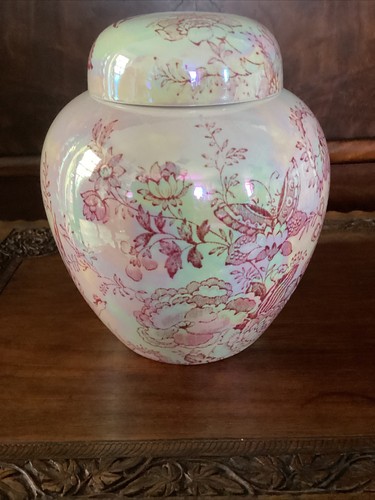 Vintage 6.5” Maling pearl lustre ginger jar vase & cover butterflies, birds etc - Picture 11 of 24