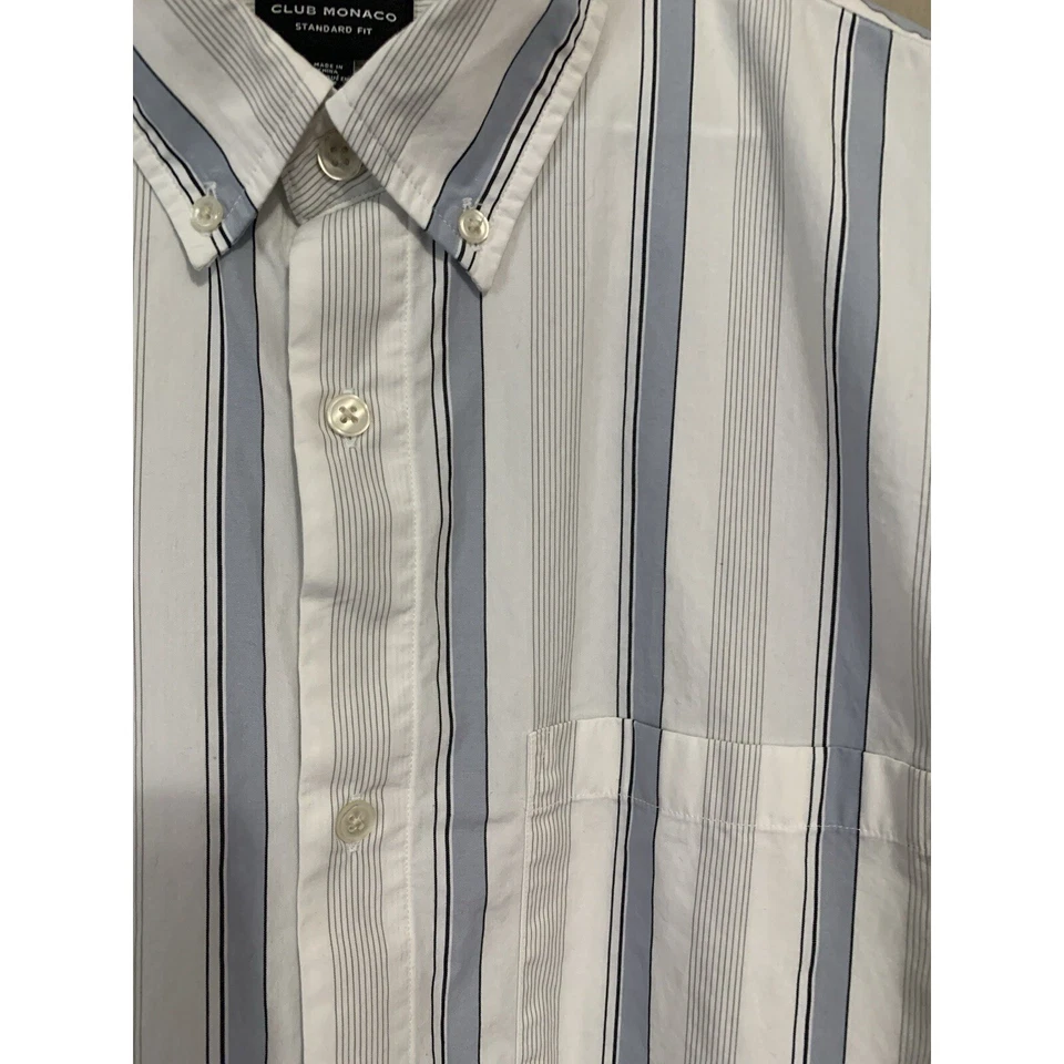 Club Monaco Button Down Long Sleeve Shirt Men's L White with Blue Stripes - Image 4 of 4