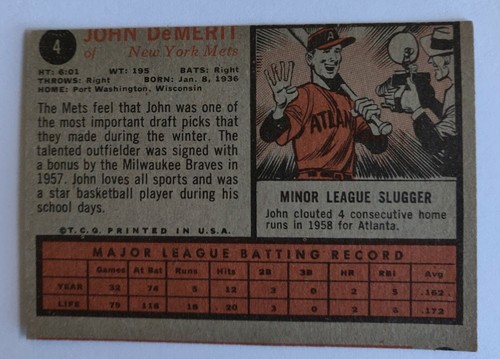 John DeMeritt 1962 Topps #4 - Picture 2 of 8