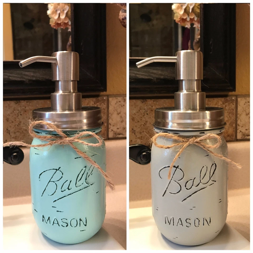 Dispensador de jabón Mason bola enlatado tarro de pinta HECHO A MANO azul gris tostado marrón crema Foto 3 de 3