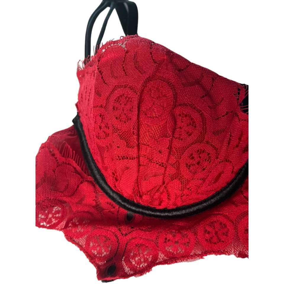 Frederick's Of Hollywood S Red Lace Push Up Balconette Bra Longline Black Trim - Image 2 of 4