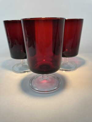 Set of 3 Ruby Red Glasses Luminarc Arcoroc MCM France 5.25 Tall