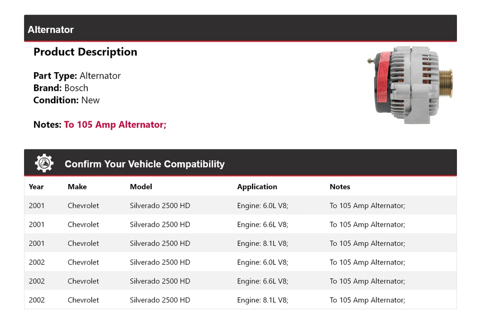 For 2001-2002 Chevrolet Silverado 2500 HD Bosch Alternator (New) - Image 2 of 4