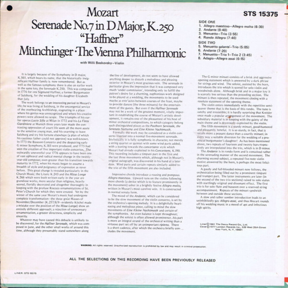 Mozart*, The Vienna Philharmonic*, Münchinger*, Willi Mozart*, The Vienna Philharmonic*, Münchinger*, Willi