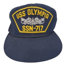 Vintage USS OLYMPIA SSN-717 Hat Cap Adult Blue Yellow Embroidered Navy Cruiser
