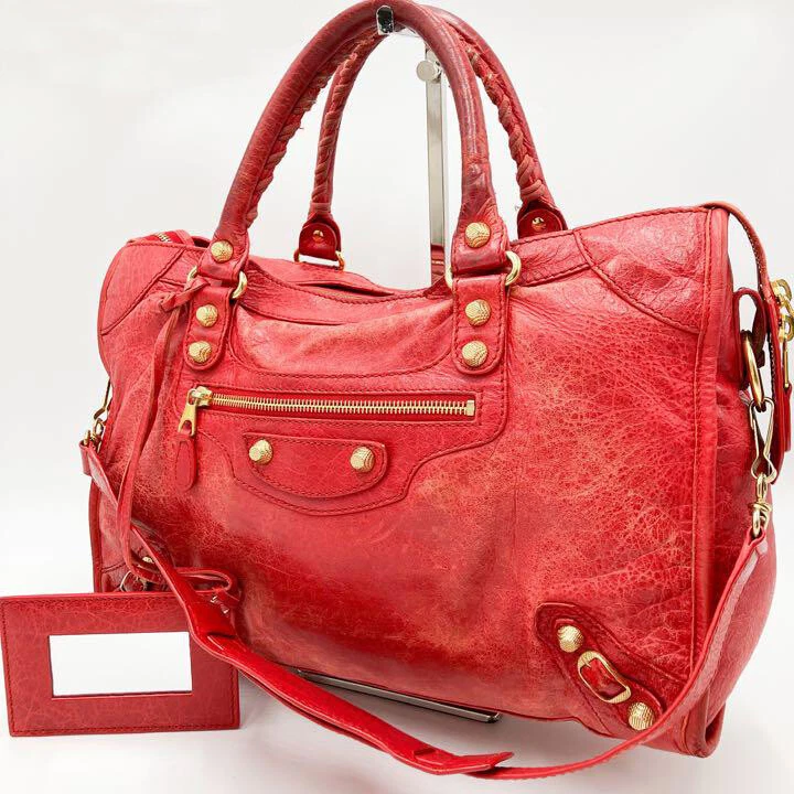 BALENCIAGA Giant City 2 Way Shoulder Bag Hand Bag Leather Red Studs Gold eBay