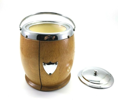 Antique English Silver Crested Oak Biscuit Box Ice Bucket Porcelain Lined - Picture 9 of 12