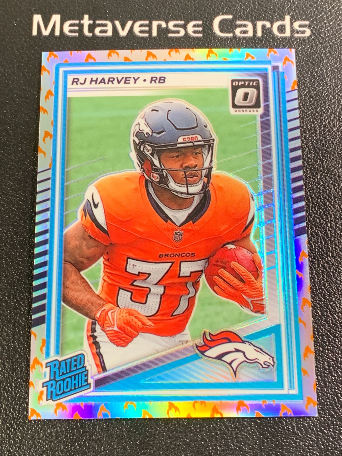 2025 Panini Donruss Optic #208 RJ Harvey Fire Emoji Prizm Rated Rookie RC SP