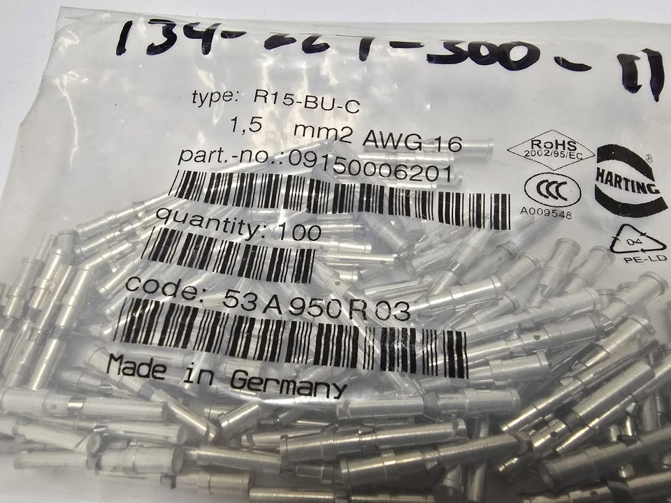 Harting 09150006201 Female 16AWG Crimp Contact Pins ( Pack of 100 ) New / Sealed - Image 2 of 3