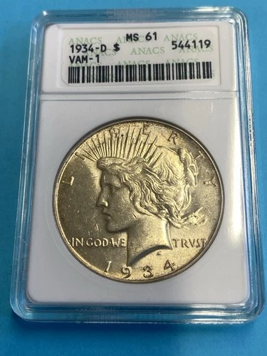 1934-D $1 MS61 VAM-1 Peace Silver Dollar - ANACS Old Holder