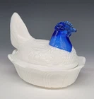New ListingVtg FENTON Hen On Nest Slag Milk Glass W/ Cobalt Blue Head Chicken Dish 4-1/8"T