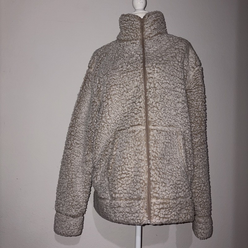 Express Sherpa Jacket Womens White Beige Size L Fleece Full Zip Mock Neck