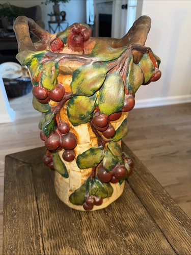 Large Terracotta. Painted Vase/ Umbrella Stand Leaves Fruit Basket Weave 9 X 16 - Picture 2 of 5