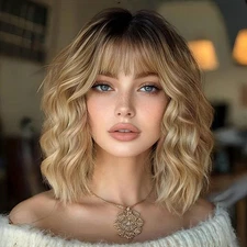 Ombre Blonde Wigs with Bangs Blond Wig for Women 14Inch Short Wavy Wigs Shoul...