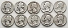 Lot of (10) 90% Silver Washington Quarters (1942-1944)