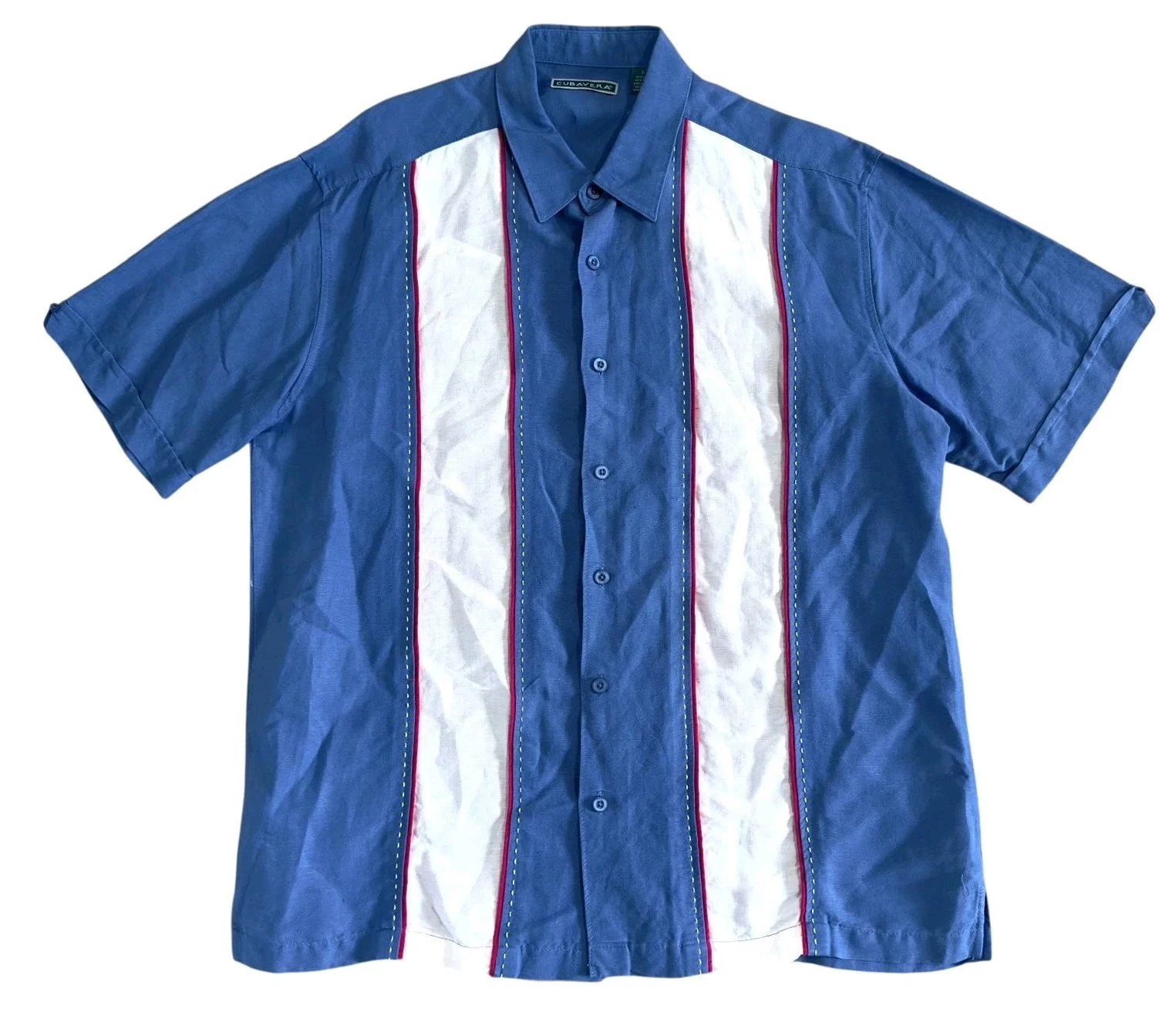 Cubavera Mens Linen Blue White Shirt Ss Sz L