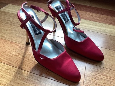 New Edward Paul Vintage Satin Burgandy Red Ankle Strap Chrome High Heels Sz 7