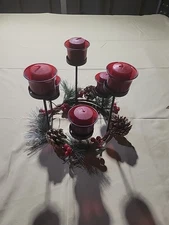 Christmas Candle Holder Set Pinecones Red Berries for Table Centerpiece