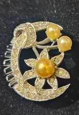 Vintage Panetta Crescent Moon Brooch Silver Tone Faux Pearls Rhinestones MCM