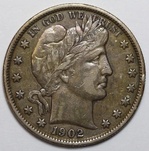 1902 50c Barber Silver Half Dollar - RAW - Cleaned - Toned - Great Detail