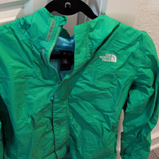The North Face Girls Hooded Full Zip Nylon Windbreaker Jacket Green XL