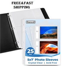 5X7 Photo Sleeves for 3-Ring Binder, (25 Pack) for 100 Pictures, Each Sheet Hold