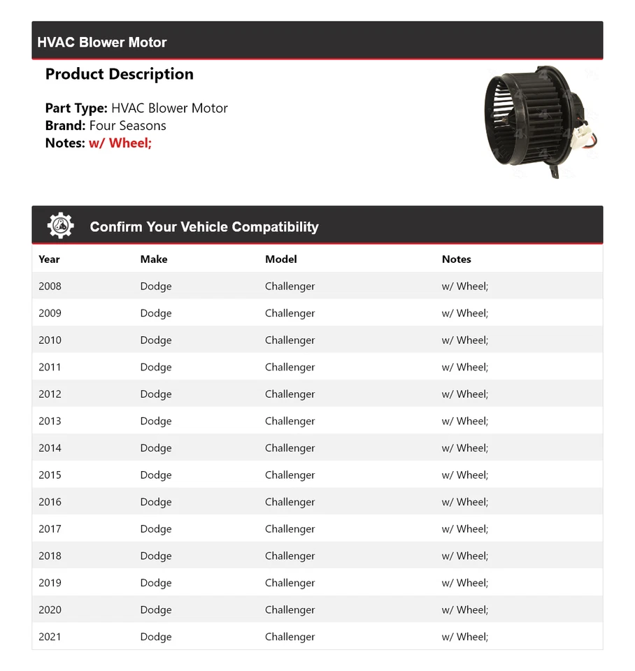 Motor soplador de climatización para Dodge Challenger 2008-2021 4 estaciones 2009 2010 2011 2012 Foto 2 de 4