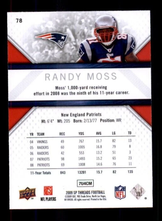 2009 SP Threads #78 Randy Moss. - Image 2 of 2