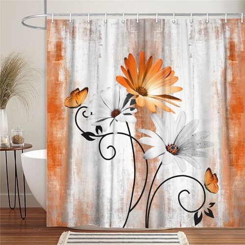 ZJRBJB Pink Grey Floral Shower Curtain | Daisy Wildflowers, Waterproof Polyester, 72x108 Inches | Farmhouse Bathroom Decor With Hooks