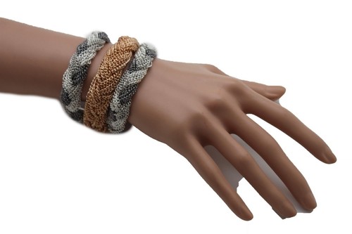 Damen Mode Armband Silber Gold Zinn Metallnetz Kette Geflochten Breit Schmuck - Bild 6 von 8
