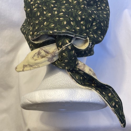 Women Handmade Tie Back Bonnet Hat Reversable Chemo Headscarf Green Cream - Picture 6 of 13