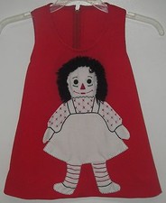 Vintage Girl's Jumper Sz 4 Handmade Raggedy Ann Embroidered Red Kangaroo Pocket