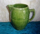 1926 8 Inch Nelson McCoy Pottery Banded Barrel Green Tankard Stoneware Pitcher