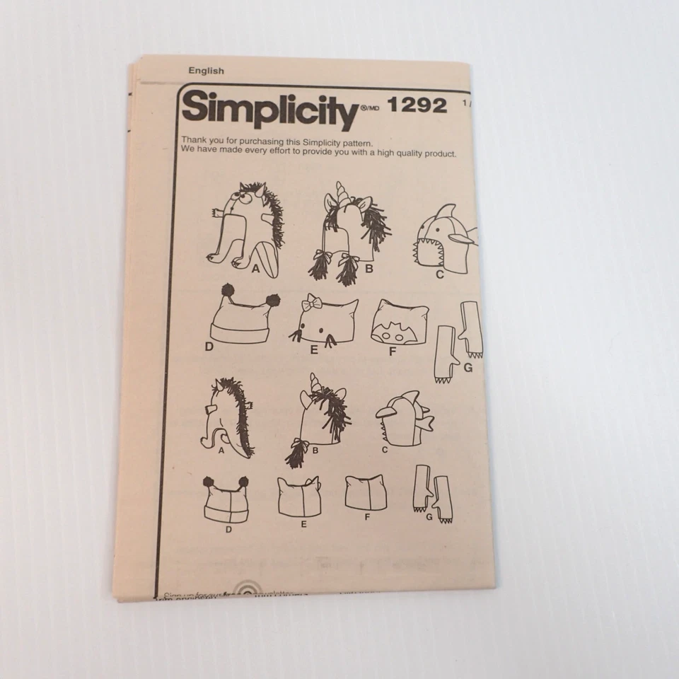 Kids Character Hats & Mittens Sewing Pattern Uncut Simplicity 1292A Sizes S-L - Image 4 of 4