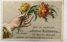 Victorian Jewelers Trade Card Geo W Harlow City Timekeeper Worcester MA B81
