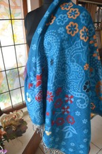 Blue Floral Thick Soft Warm Yak Wool Reversible Meditation Blanket Travel Wrap
