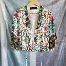 Zara Basic Floral Bird Print Zip Up Jacket White Multicolor XS Japan Inspo Vacay