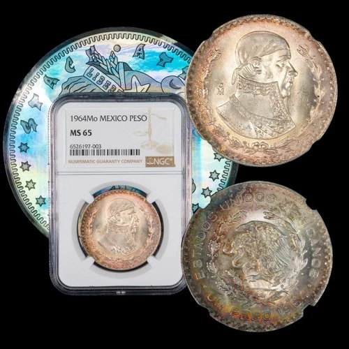 1964 Mo Mexico Un Peso NGC MS 65 🌈 Rainbow Toned 🌈