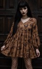 Gold Sketch Fantasy Print Mini Dress Gothic Fairy Goblincore Witchy Boho XS