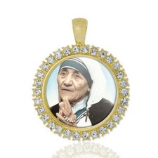 Mother Teresa Christian Round Medal Gold Tone Pendant with Rhinestones