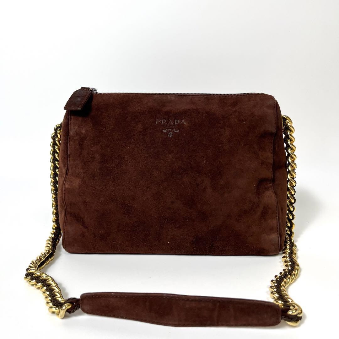 PRADA Vintage Suede Leather Shoulder Bag Brown Logo Embossed PRADA Vintage Suede Leather Shoulder Bag Brown Logo Embossed