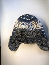 American Eagle Knit Trapper Hat Faux Fur Lined Ear Flap Winter Hat Gray