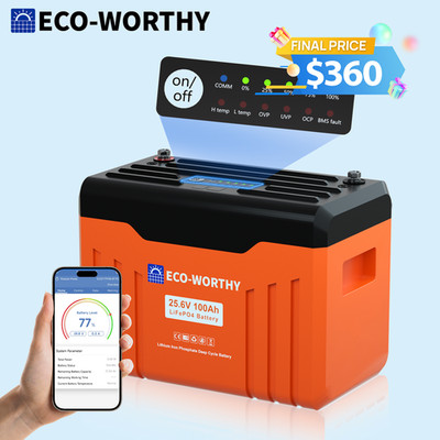 ECO-WORTHY 2560Wh 24V 100AH LiFePO4 Lithium Battery With SOC 