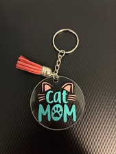 Blue and Pink Cat Mom Round Acrylic Keychain